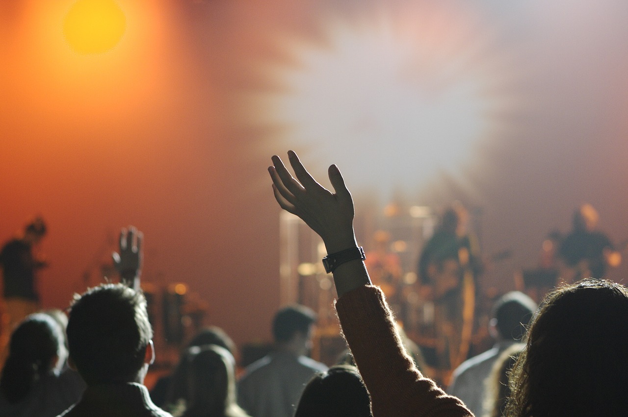 Woman holding her arm up in the air during a concert.